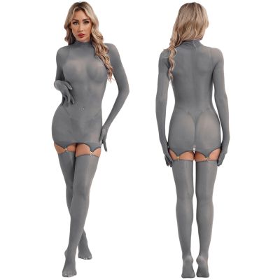 US Women's Sheer Jumpsuit Cut Out Bodystockings Lingerie Top with Stockings Set